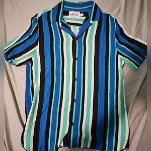 Topman Men's Short Sleeve Striped Casual Button-Up Shirt Blue Size Small